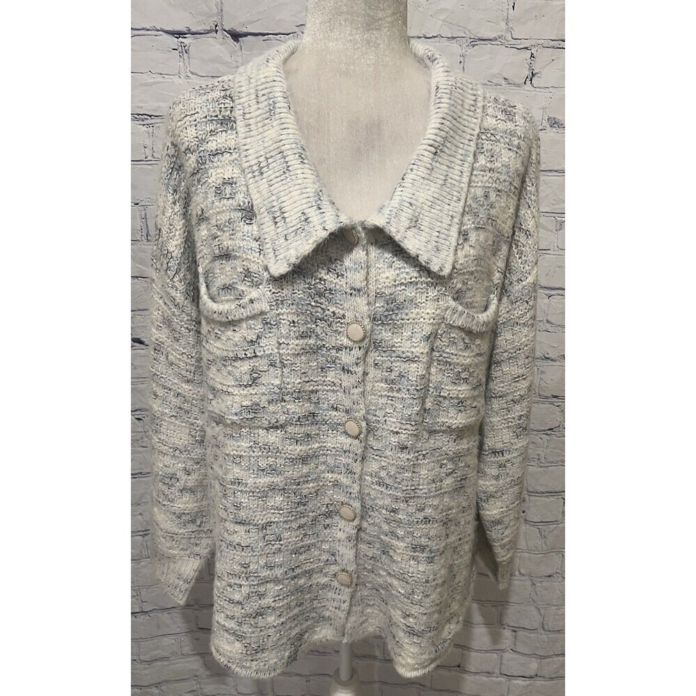 Sioni White & Blue Knit Button Up Collar Cardigan Sweater Size XL